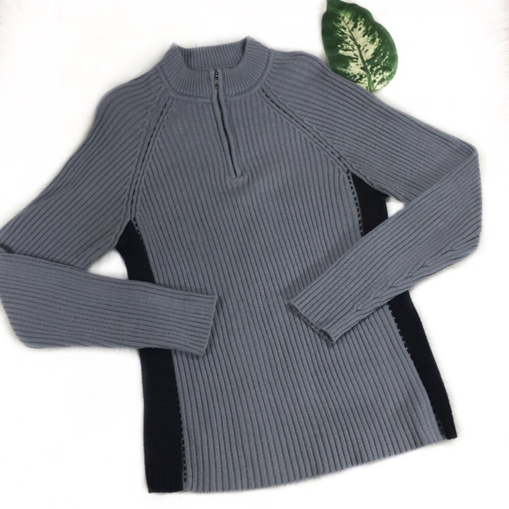 Two Tone Black Stripe Knit Mock neck Sweater